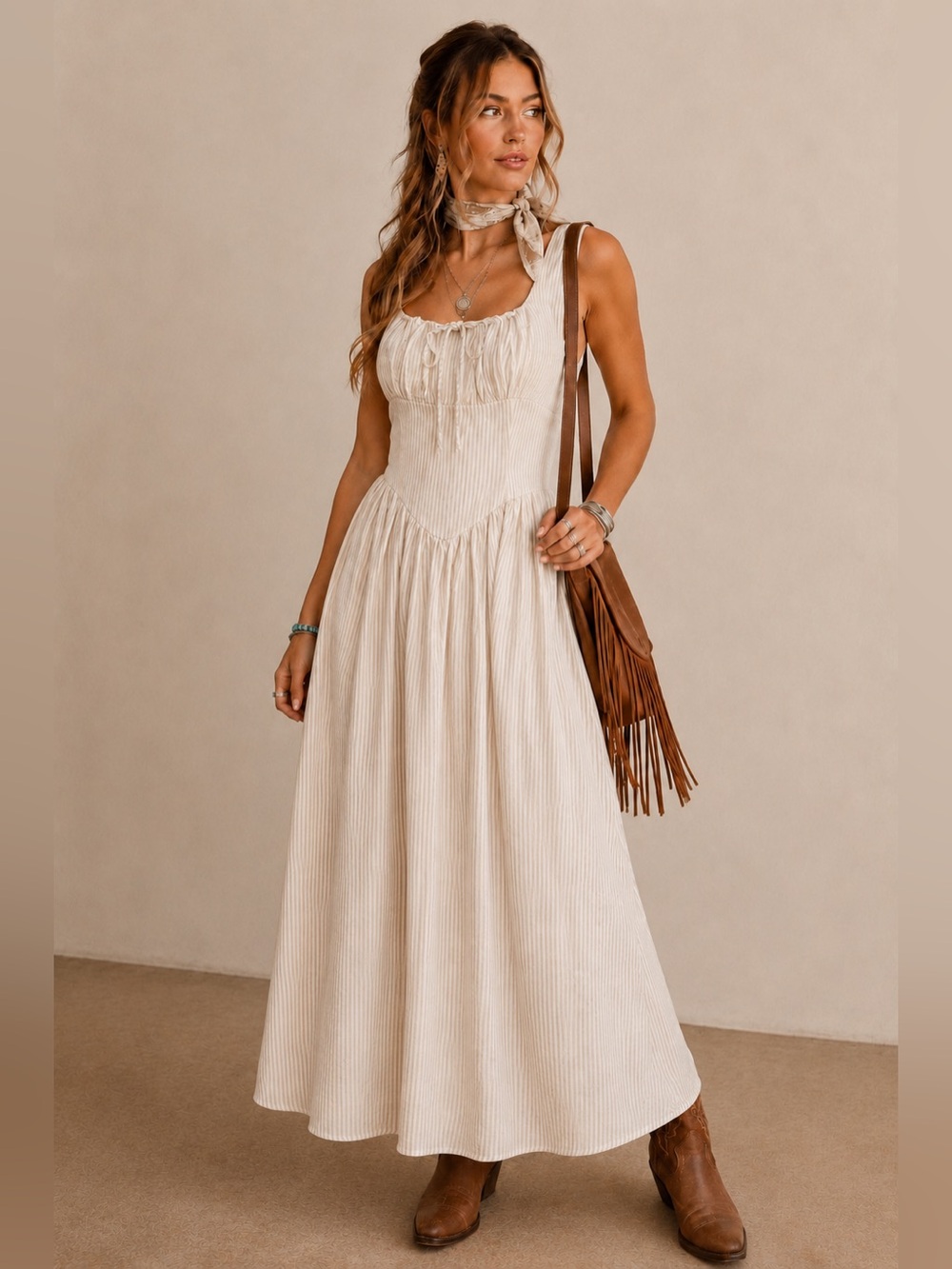 NWT The Workshop Western Style Striped Smocked Tie Front Midi Dress